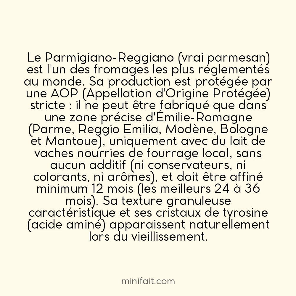 Le fromage parmesan ne contient aucun additif et se fait en 12 mois minimum