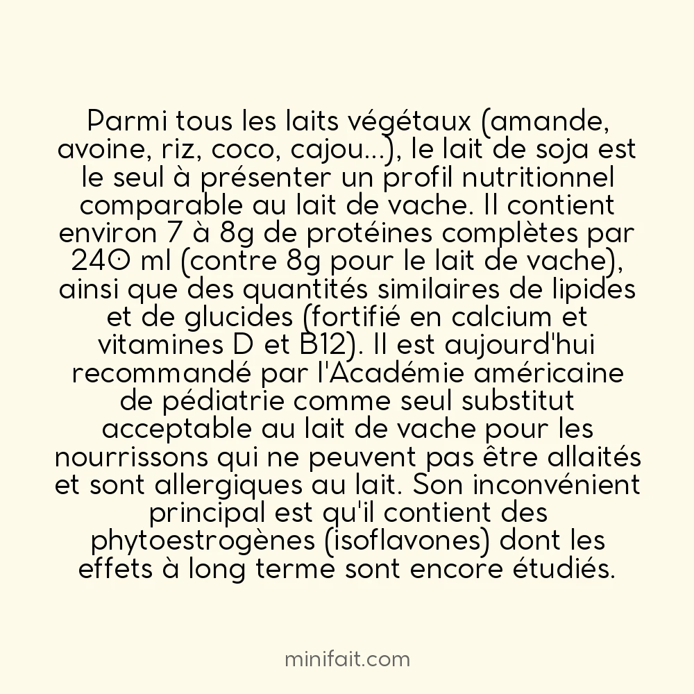 Le lait de soja est le plus proche du lait de vache en termes nutritionnels