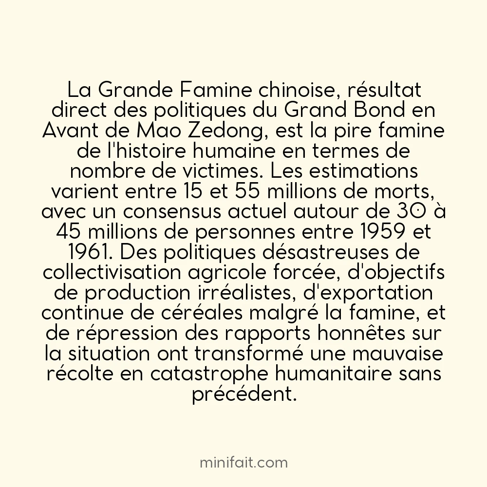 La Grande Famine chinoise de 1959 à 1961 a tué entre 15 et 45 millions de personnes