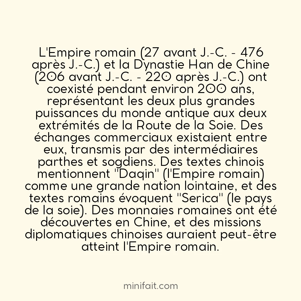 L&rsquo;Empire romain et la Chine Han étaient contemporains