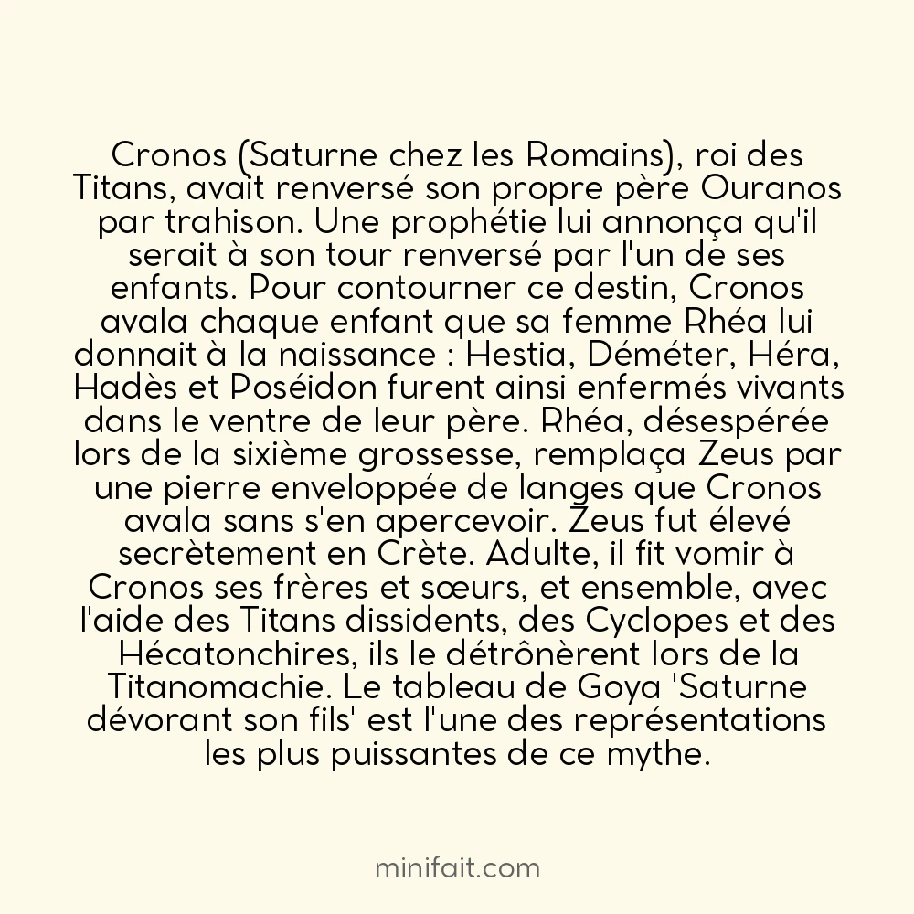 Cronos avala ses enfants un à un par crainte d&rsquo;une prophétie annonçant sa chute