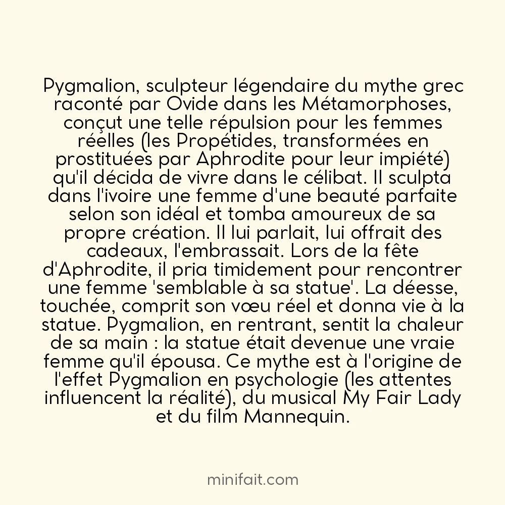 Pygmalion tomba amoureux de la statue qu&rsquo;il avait sculptée et Aphrodite lui donna vie