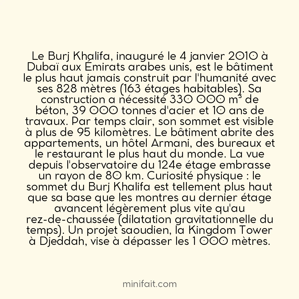 Le bâtiment le plus haut du monde culmine à 828 mètres à Dubaï