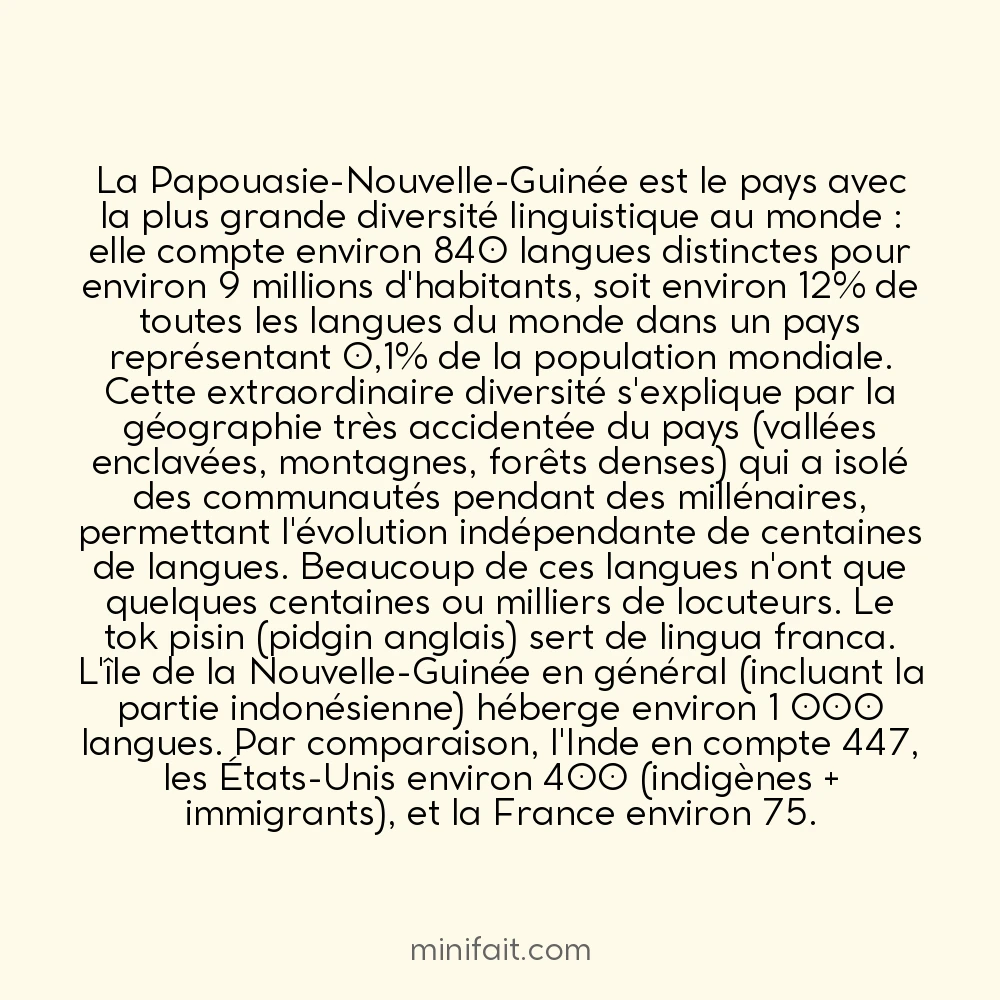 Le plus grand nombre de langues parlées dans un seul pays est en Papouasie-Nouvelle-Guinée