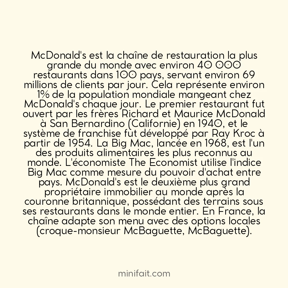 La chaîne de restauration rapide la plus grande du monde sert 69 millions de repas par jour