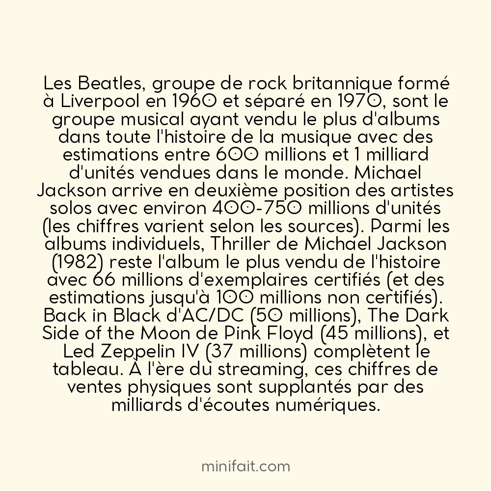 Le musicien ayant vendu le plus de disques dans toute l&rsquo;histoire est The Beatles