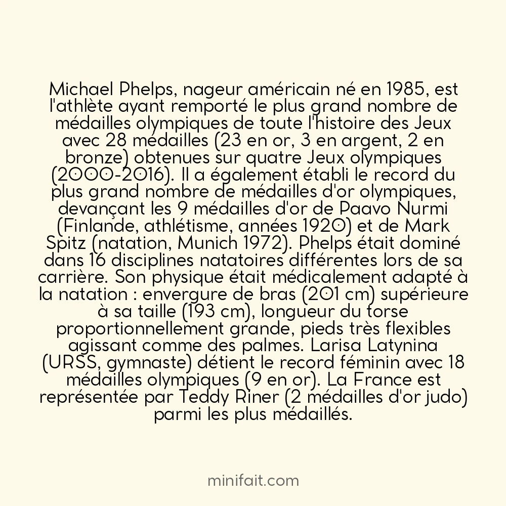 Le sportif ayant remporté le plus de médailles olympiques est Michael Phelps avec 28 médailles