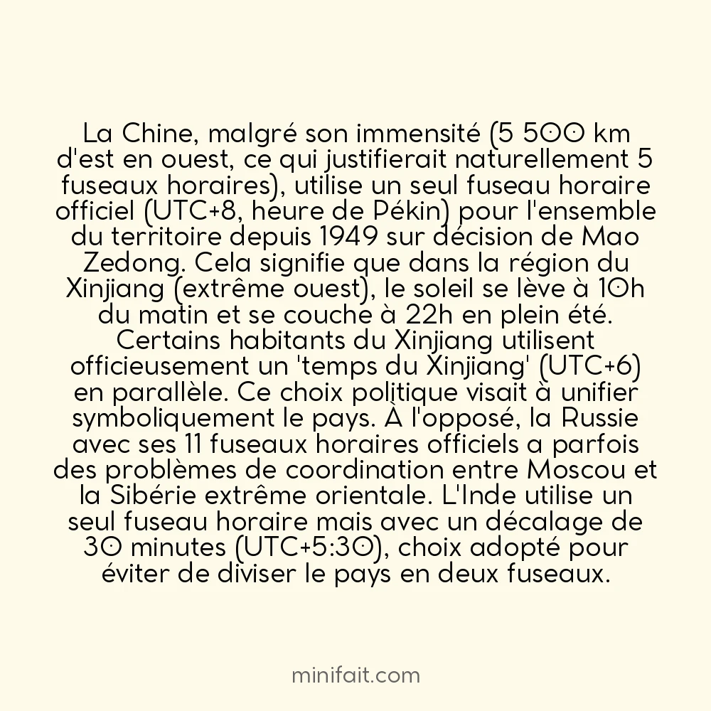 Le plus grand nombre de fuseaux décalés d&rsquo;une heure existe en Chine qui n&rsquo;en utilise qu&rsquo;un seul