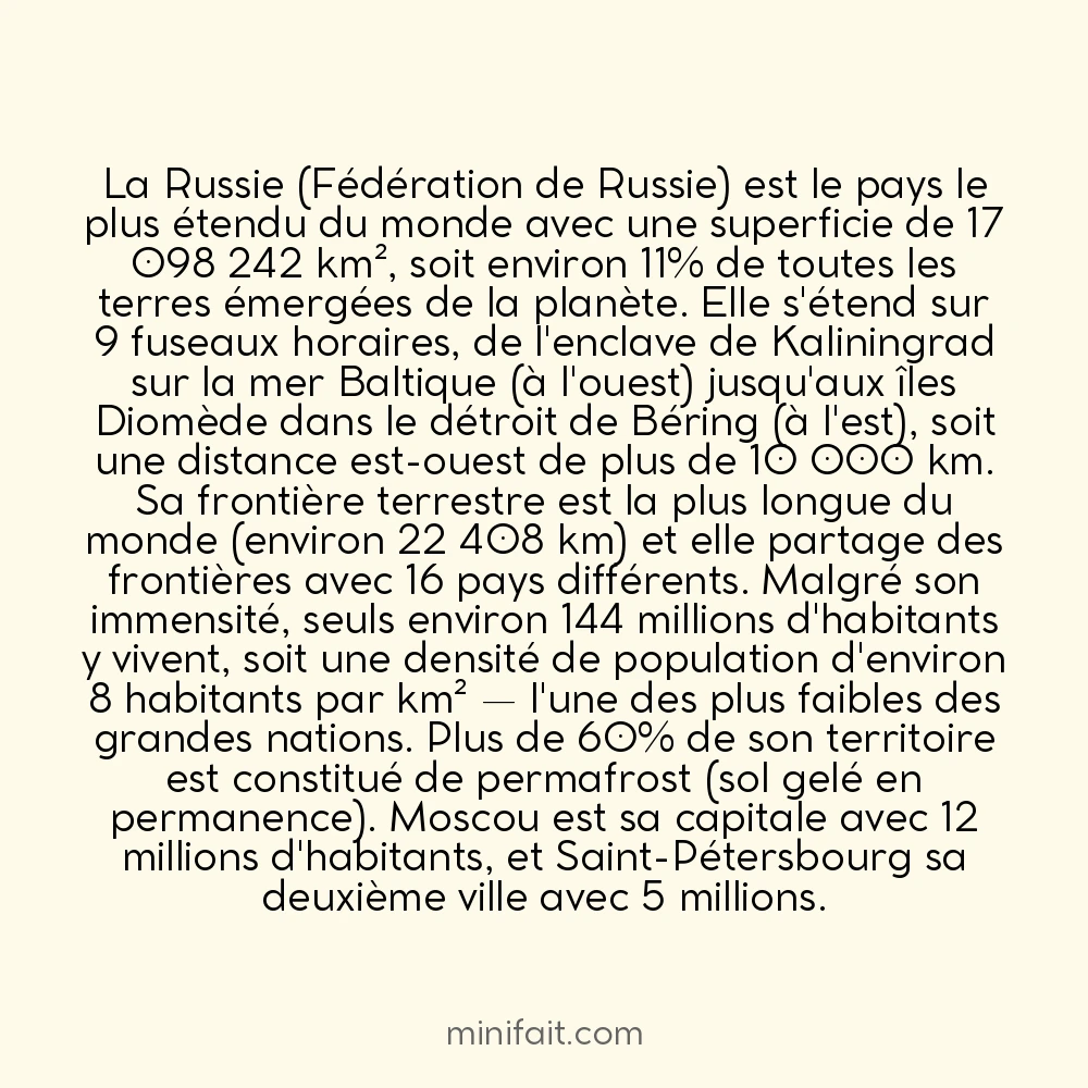 La Russie est le pays le plus grand du monde avec 17,1 millions de km²
