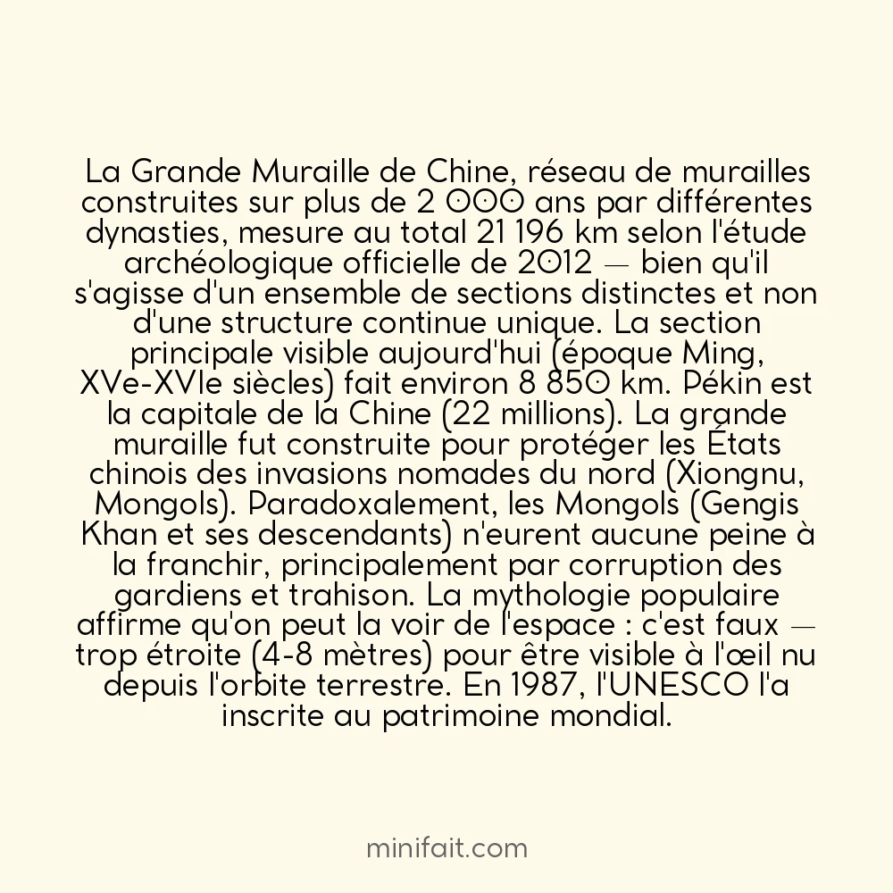 La Chine possède la plus grande muraille construite par l&rsquo;homme avec 21 196 km