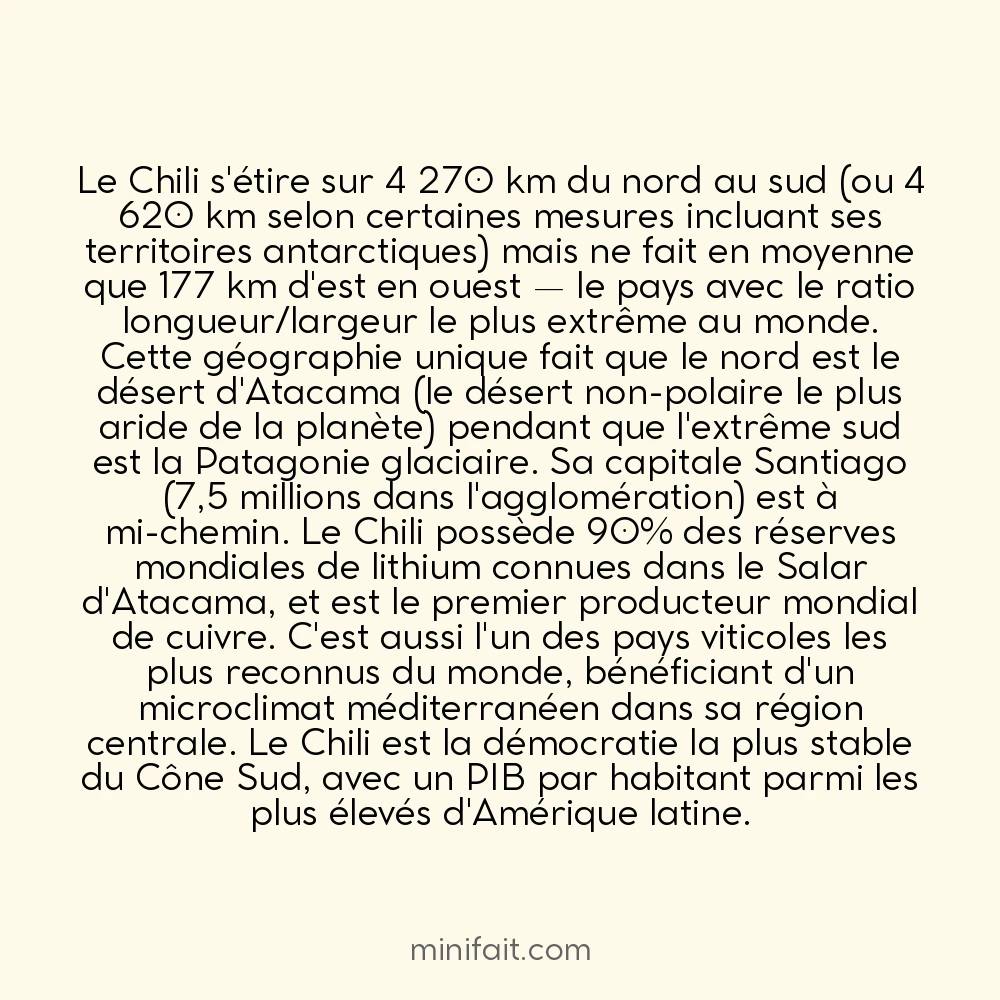 Le Chili est le pays le plus long du monde du nord au sud avec 4 270 km