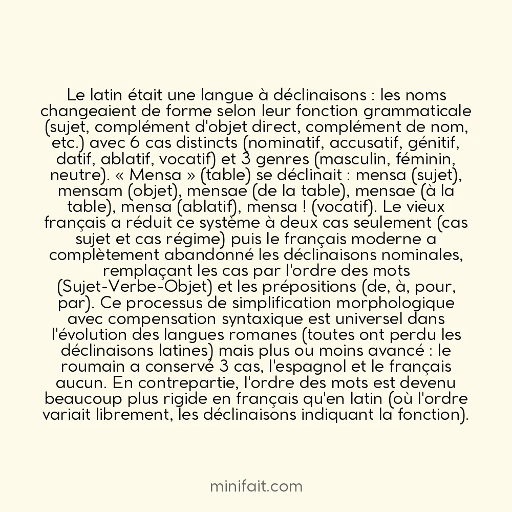 La grammaire française a connu une simplification massive depuis le latin