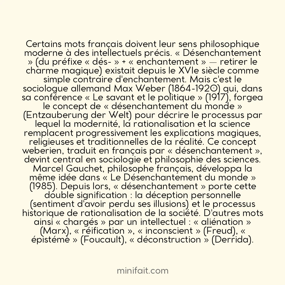 Le mot « désenchantement » fut popularisé par le sociologue Max Weber en 1917