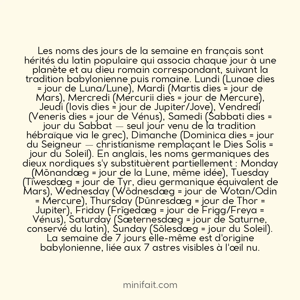Les noms des jours de la semaine en français viennent des dieux romains et des planètes